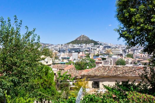 Athens Plaka, Mount Lycabettus seen from Anafiotika old city, Greece, Europe