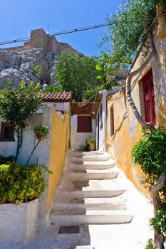 Athens Plaka Anafiotika, Old city street view with small traditional houses, Greece, Europe