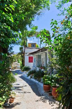 Athens Plaka Anafiotika, Old city street view with small traditional houses, Greece, Europe