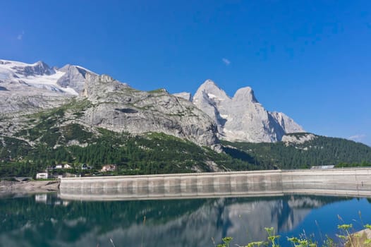 Lake Fedaia, Natural landscape in Dolomites Alps, Italy, Europe