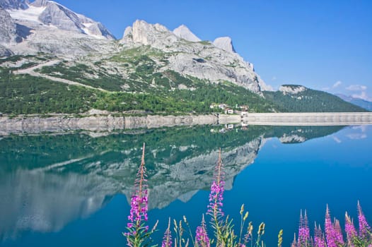 Lake Fedaia, Natural landscape in Dolomites Alps, Italy, Europe