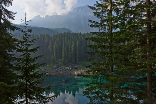 Lake Carezza, Natural landscape in Dolomites Alps, Italy, Europe