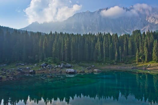 Lake Carezza, Natural landscape in Dolomites Alps, Italy, Europe