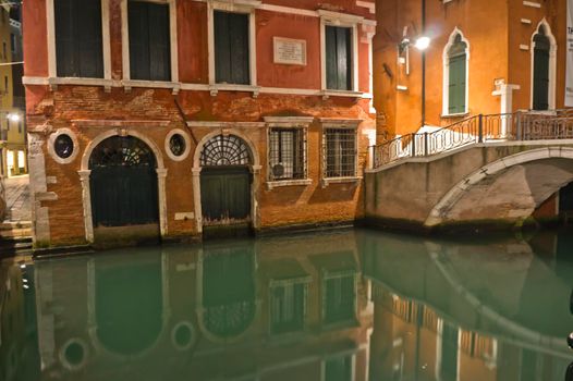 Venice, Old city canal view by night, Italy, Europe