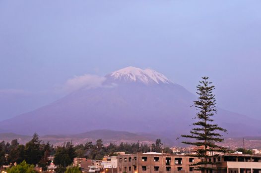 Arequipa, Old city street view and volcano El Misty, Peru, South America