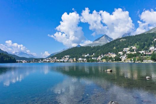 Saint Moritz in Alps, City view from the lake, Switzerland, Europe