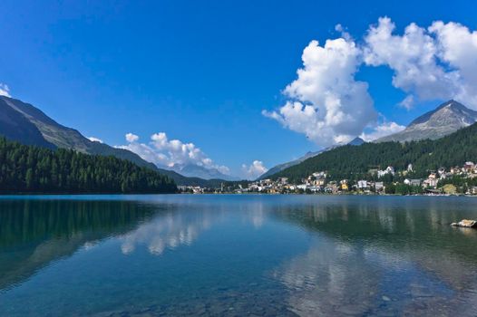 Saint Moritz in Alps, City view from the lake, Switzerland, Europe