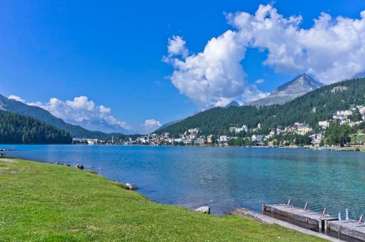 Saint Moritz in Alps, City view from the lake, Switzerland, Europe