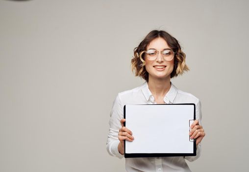 Business woman in shirt with document folder Blank paper mockup. High quality photo