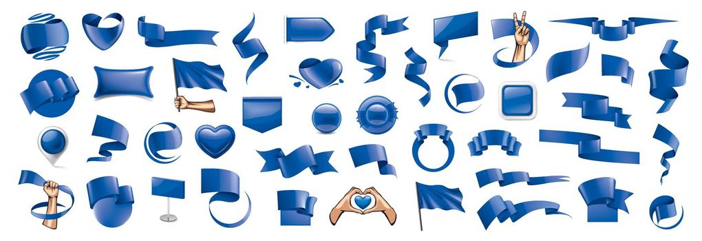 Large vector set of blue flags, ribbons and various design elements.