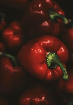 Red bell peppers on farmers market, organic food and agriculture concept