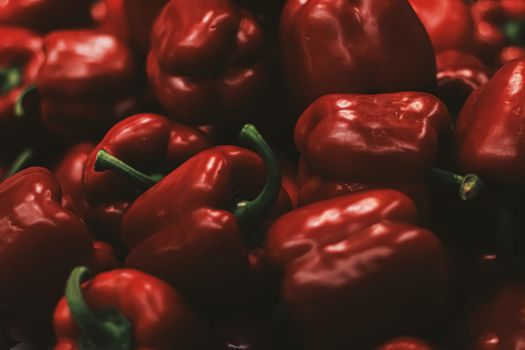 Red bell peppers on farmers market, organic food and agriculture concept