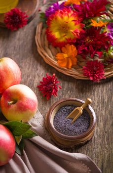 Apple and honey, traditional food. Selective focus. Copyspace background