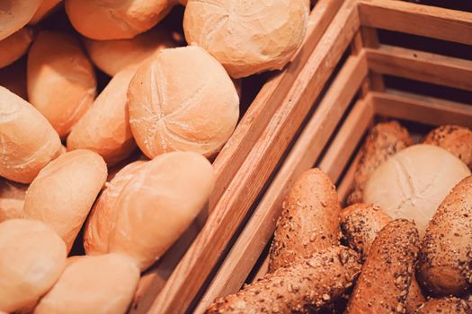 Fresh bread in bakery, organic food and gluten-free baking goods closeup