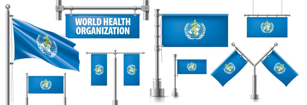 Vector set of the national flag of World Health Organization WHO in various creative designs.