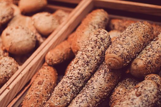 Fresh bread in bakery, organic food and gluten-free baking goods closeup