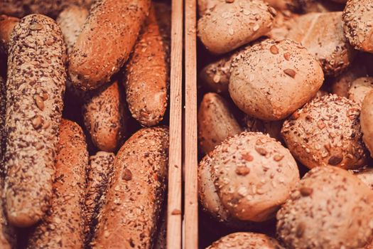 Fresh bread in bakery, organic food and gluten-free baking goods closeup