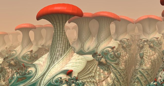Picture of three-dimensional mushrooms fractals in motion