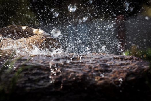 Wet stone and decorative antique urn in the rain. Rain water drop falling to the stone. Water is flowing and splashing around them.