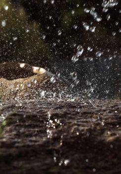 Wet stone and decorative antique urn in the rain. Rain water drop falling to the stone. Water is flowing and splashing around them.
