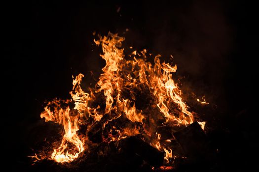 Flames of bonfire at night. Fire flames on a black background