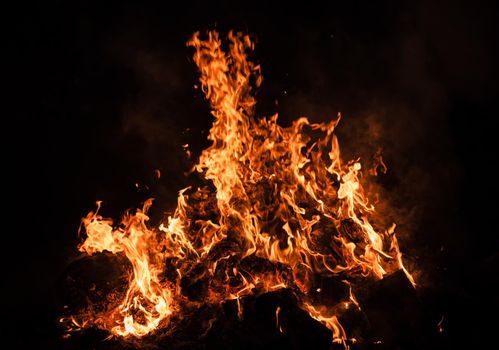 Flames of bonfire at night. Fire flames on a black background