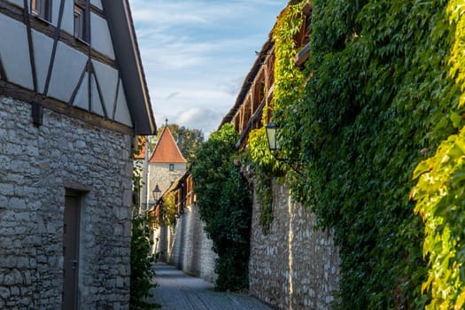 Autumn landscape with multicolored trees and small road along the city wall  in Berching, Bavaria on a sunny day