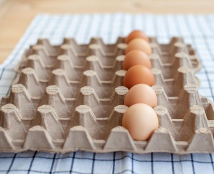 Several brown eggs lie in a row in a large cardboard bag, a chicken egg as a valuable nutritious product, a tray for carrying and storing fragile eggs