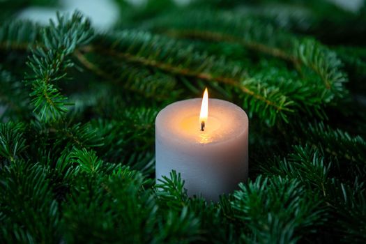 Christmas motif, texture, wallpaper, background with branches of a Nordmann fir and burning white candle on a grey marbled  background 