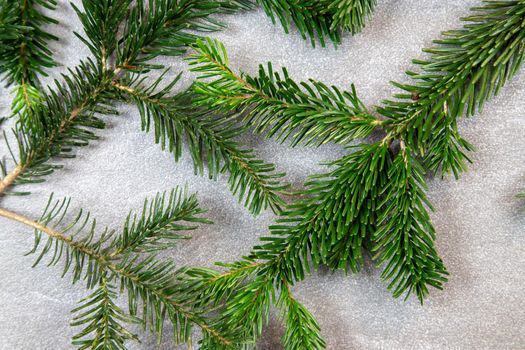 Christmas motif, texture, wallpaper, background with branches of a Nordmann fir on a grey marbled  background 