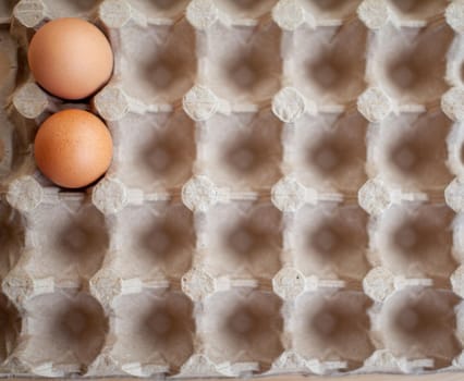 A few brown eggs among the empty cells of a large cardboard bag, a chicken egg as a valuable nutritious product, a tray for carrying and storing fragile eggs