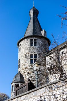 Low angle view at a tower of Stolberg castle in Stolberg, Eifel, Germany