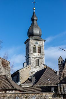 View at the tower of church Saint Lucia in Stolberg, Eifel, Germany