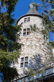 Low angle view at a tower of Stolberg castle in Stolberg, Eifel, Germany