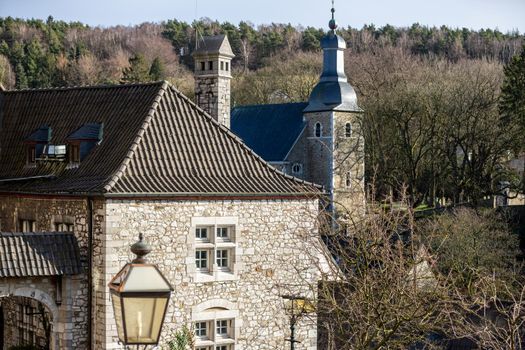 Low angle view on historic building and church in Stolberg, Eifel, Germany