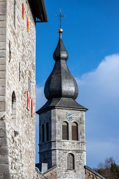Low angle view at the tower of church Saint Lucia in Stolberg, Eifel, Germany