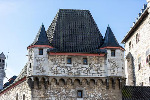 Low angle view at a tower of Stolberg castle in Stolberg, Eifel, Germany