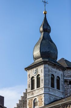 Low angle view at the tower of church Saint Lucia in Stolberg, Eifel, Germany