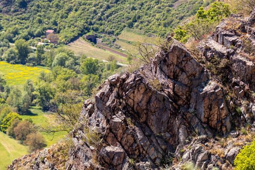 High angle view from the Rotenfels of Bad Muenster am Stein Ebernburg with rocks in the foreground