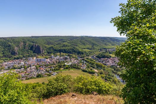 High angle view from the Rotenfels of Bad Muenster am Stein Ebernburg with the Nahe River, Germany