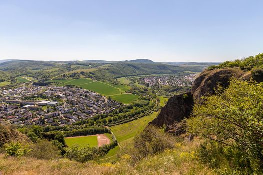 High angle view from the Rotenfels of Bad Muenster am Stein Ebernburg with the Nahe River, Germany