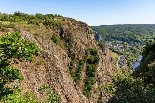 High angle view from the Rotenfels of Bad Muenster am Stein Ebernburg with rock massif in the foreground