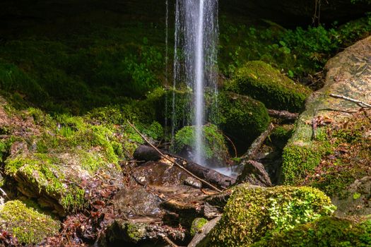 Water flowing over moss covered rocks in the canyon  Hexenklamm