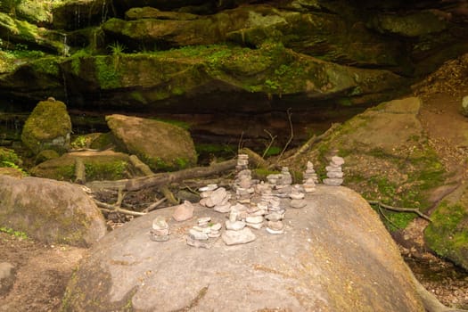 Rock formations and stone figures along the footpath Hexenklamm in the Palatinate forest