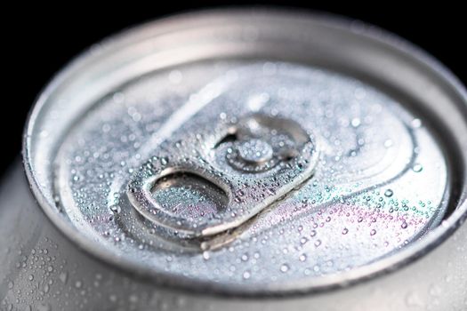 Macro detail of metallic beer can, view from the top