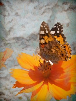 A Butterfly Nectaring On An Orange Flower - digital painting