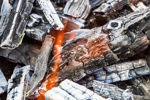 Burning wood chips forming coal. Barbecue preparation, fire before cooking. Hot coal made of greatly heated wood.