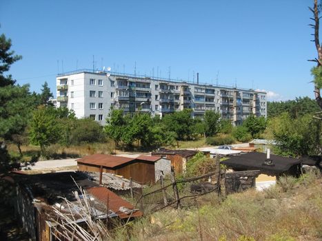 Abandoned residential buildings in the village of Orbita near the Chigirin nuclear power plant. Abandoned and destroyed. Chyhyryn Nuclear Power Plant
