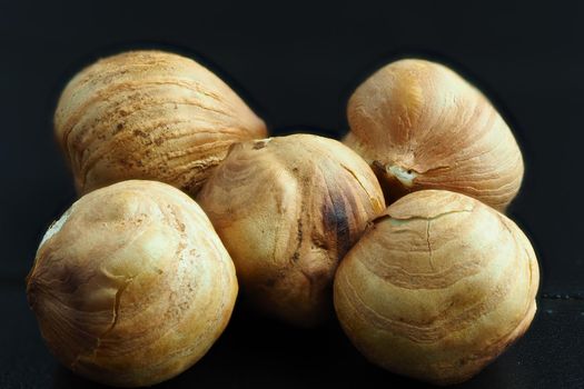 Hazelnut close-up on a black background. Macrophotography of hazelnuts. High quality photo