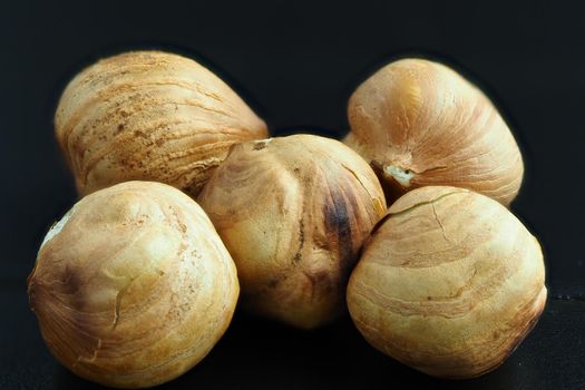 Hazelnut close-up on a black background. Macrophotography of hazelnuts. High quality photo